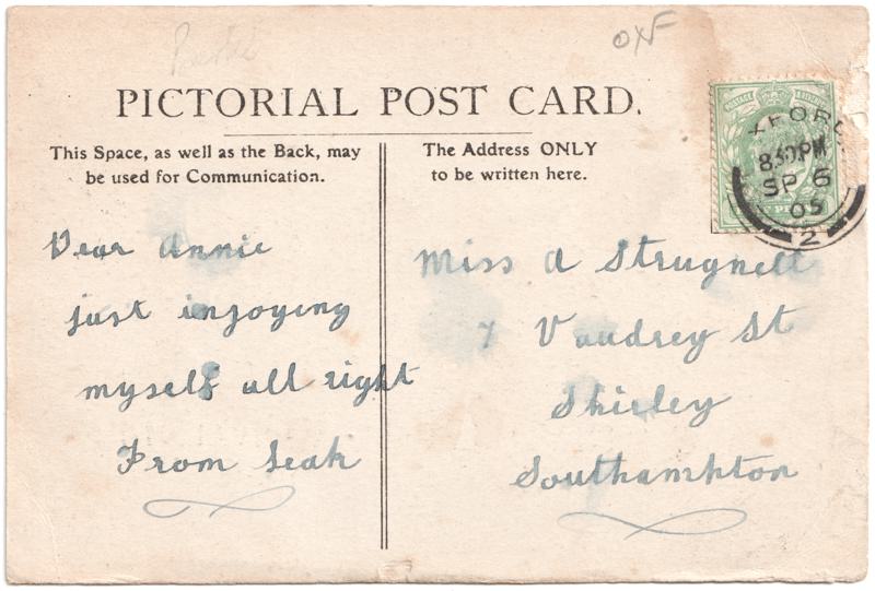 The reverse of an old postcard. The postcard is of Abingdon: Town Centre Streets