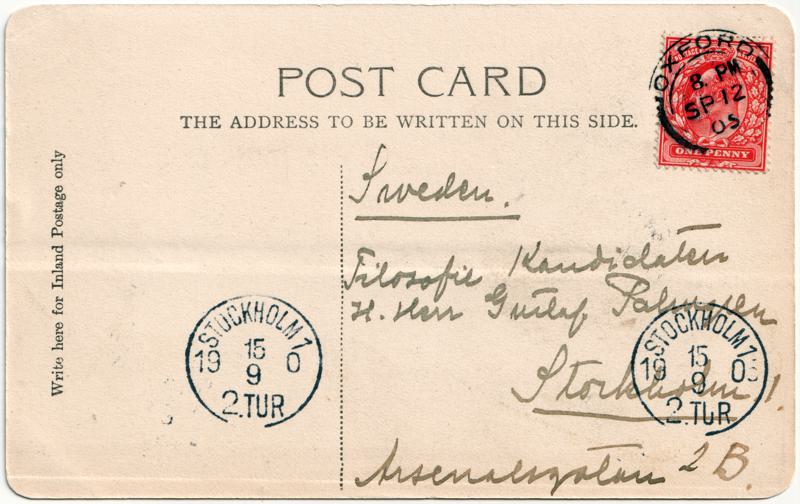 The reverse of an old postcard. The postcard is of Abingdon: Town Centre Streets