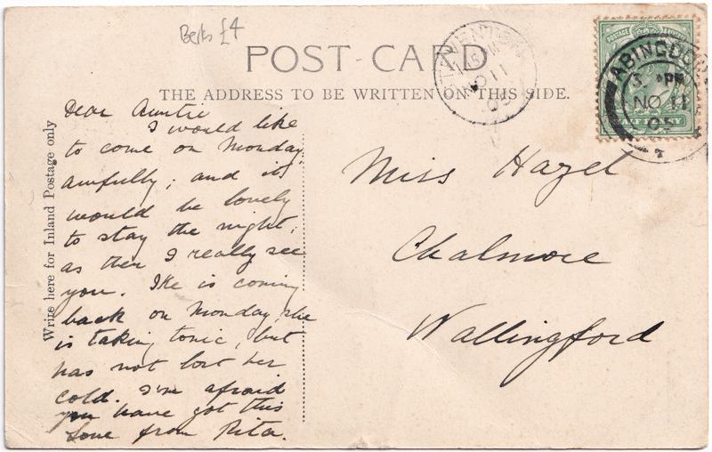 The reverse of an old postcard. The postcard is of Abingdon: Abingdon Lock