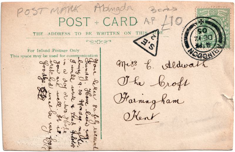 The reverse of an old postcard. The postcard is of Abingdon: The Bridge