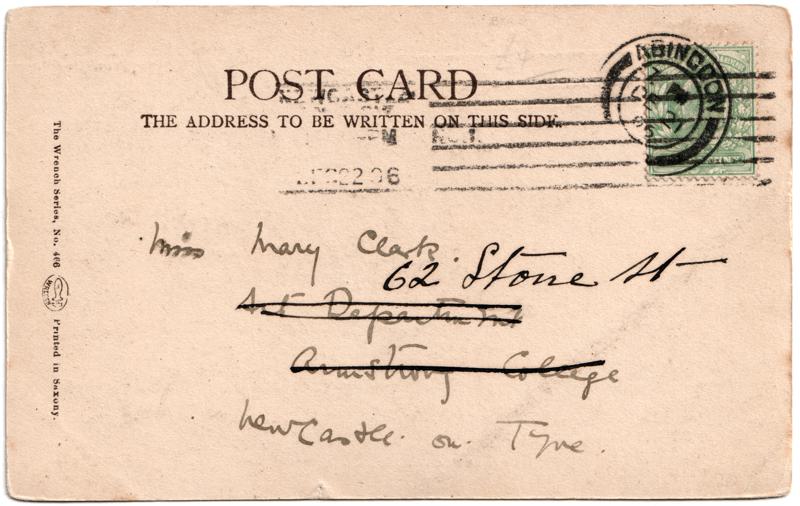 The reverse of an old postcard. The postcard is of Abingdon: Marketplace