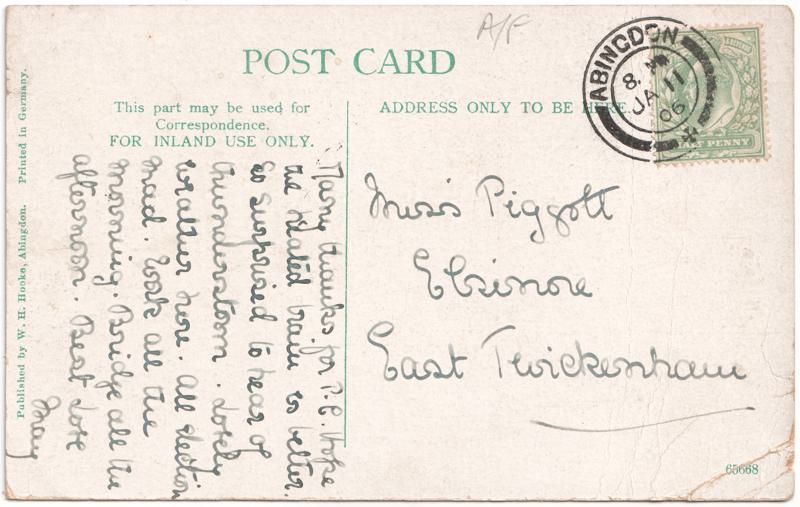 The reverse of an old postcard. The postcard is of Abingdon: The Bridge