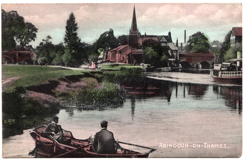 The front of an old postcard. The postcard is of Abingdon: The Bridge