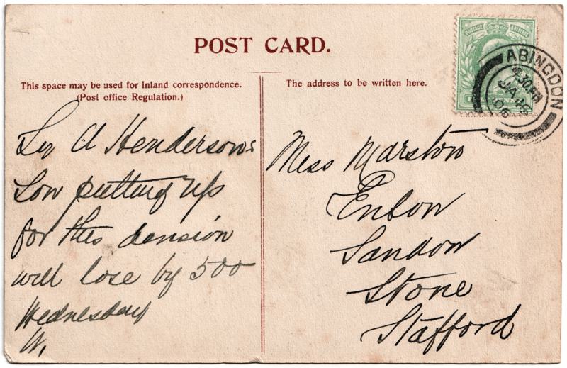 The reverse of an old postcard. The postcard is of Abingdon: The Bridge