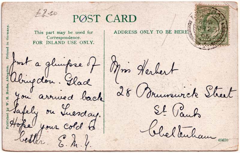 The reverse of an old postcard. The postcard is of Abingdon: St. Helen's Wharf