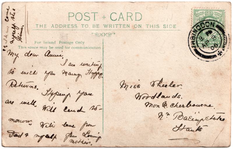 The reverse of an old postcard. The postcard is of Abingdon: Marketplace