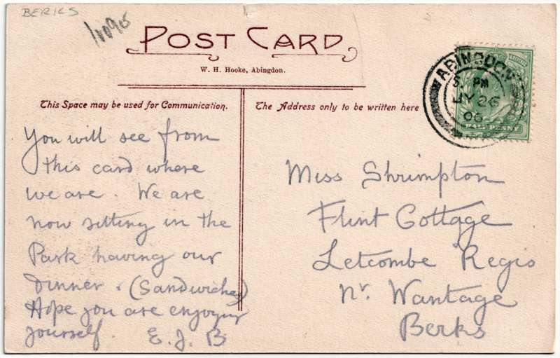 The reverse of an old postcard. The postcard is of Abingdon: Almshouses