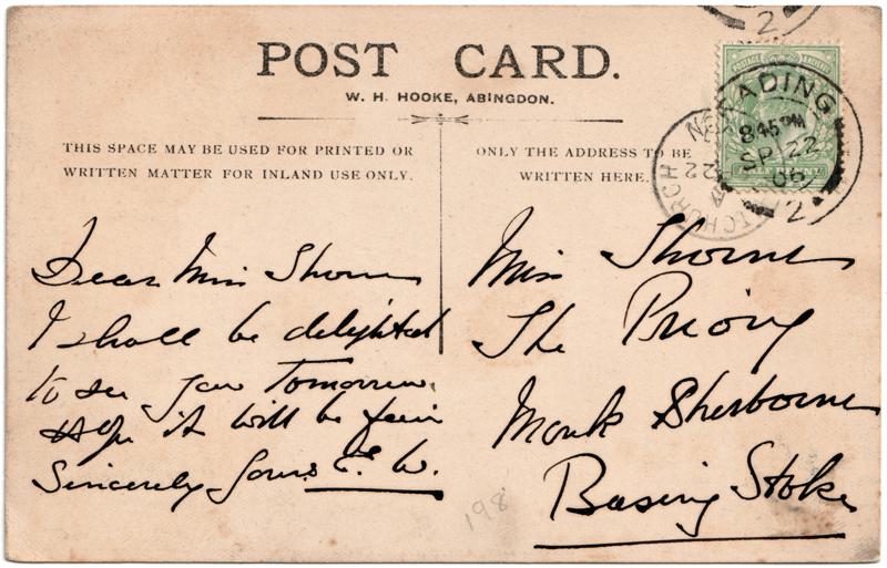 The reverse of an old postcard. The postcard is of Abingdon: Town Centre Streets