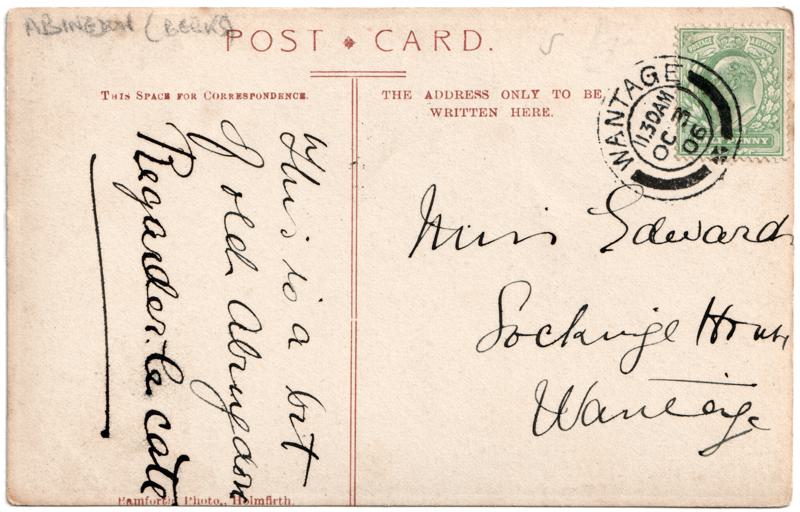 The reverse of an old postcard. The postcard is of Abingdon: St. Helen's Church and the Almshouses