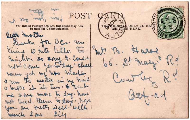 The reverse of an old postcard. The postcard is of Abingdon: Other local interest