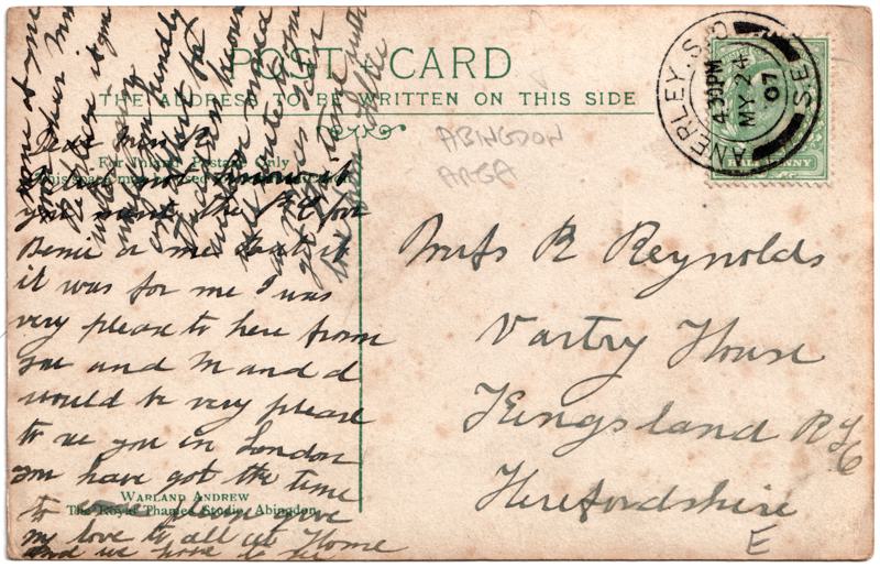 The reverse of an old postcard. The postcard is of Abingdon: Other local interest