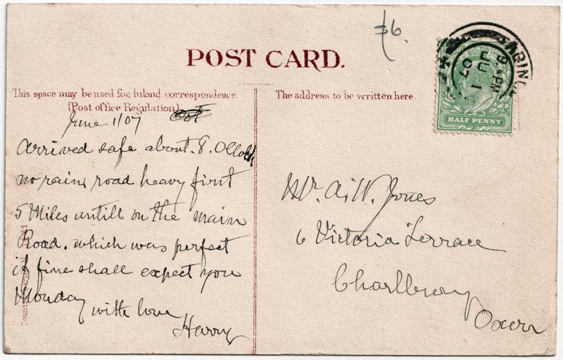 The reverse of an old postcard. The postcard is of Abingdon: Town Centre Streets