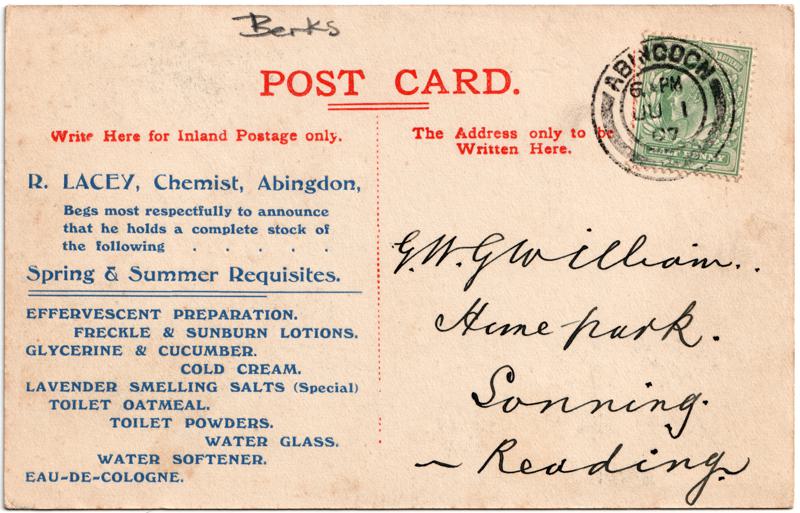 The reverse of an old postcard. The postcard is of Abingdon: Town Centre Streets