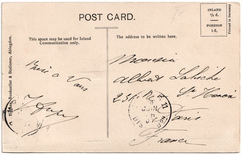 The reverse of an old postcard. The postcard is of Abingdon: Town Centre Streets