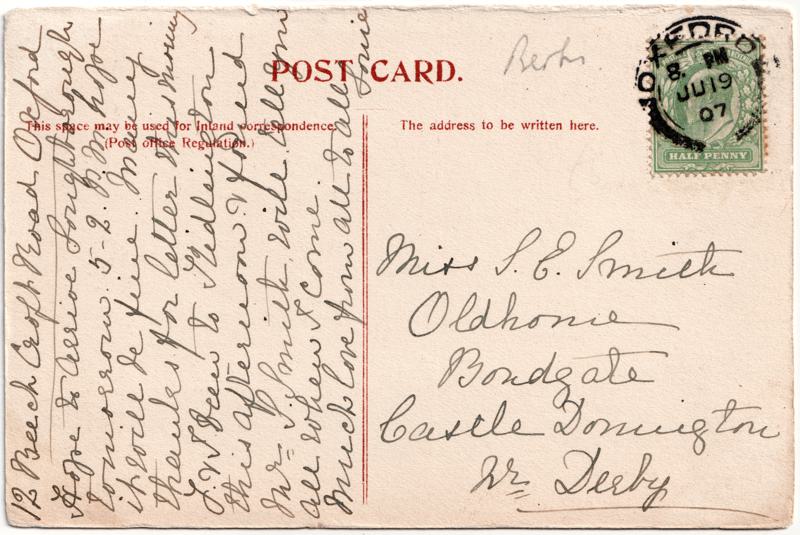 The reverse of an old postcard. The postcard is of Abingdon: Other local interest