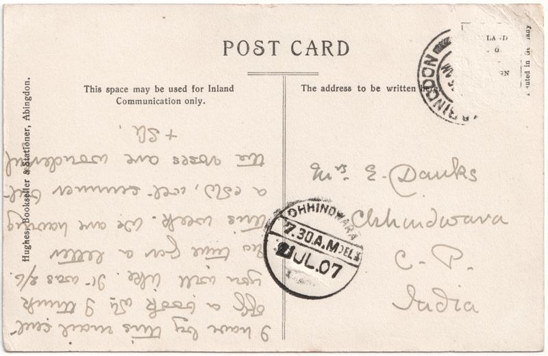 The reverse of an old postcard. The postcard is of Abingdon: Other Streets