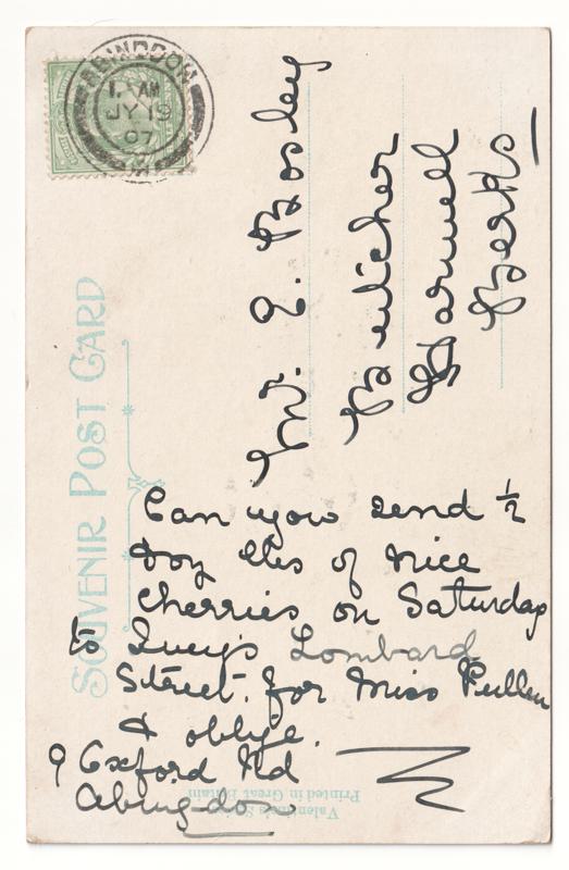 The reverse of an old postcard. The postcard is of Abingdon: Town Centre Streets