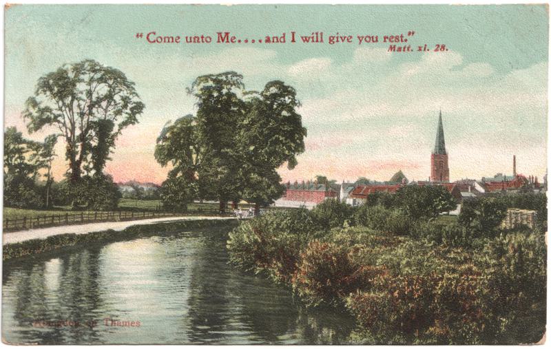 The front of an old postcard. The postcard is of Abingdon: River Thames