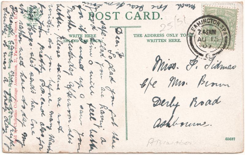 The reverse of an old postcard. The postcard is of Abingdon: River Thames