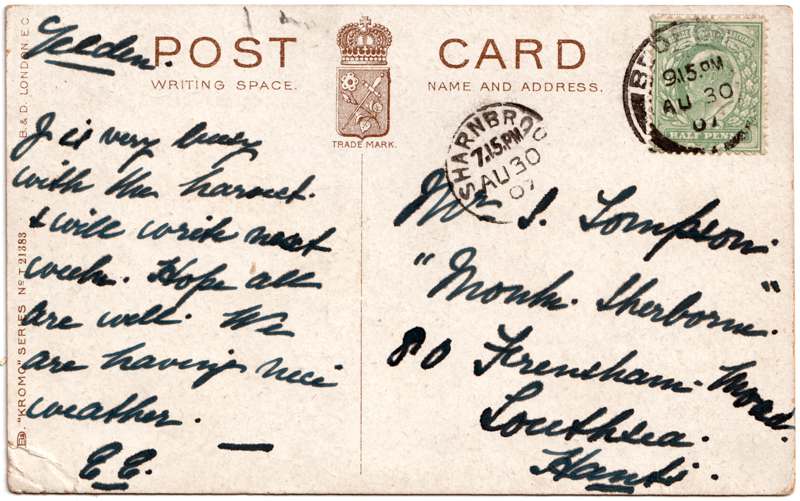 The reverse of an old postcard. The postcard is of Abingdon: St. Helen's from the Bridge
