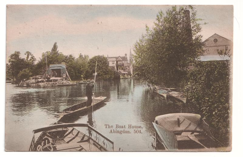 The front of an old postcard. The postcard is of Abingdon: The Bridge