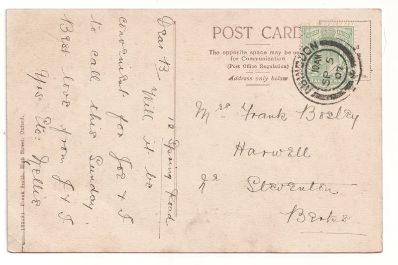 The reverse of an old postcard. The postcard is of Abingdon: The Bridge