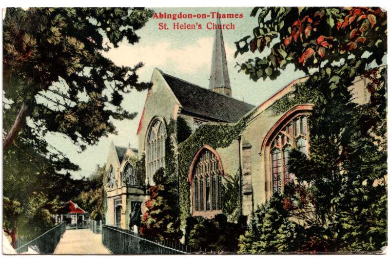 The front of an old postcard. The postcard is of Abingdon: St. Helen's Church and the Almshouses