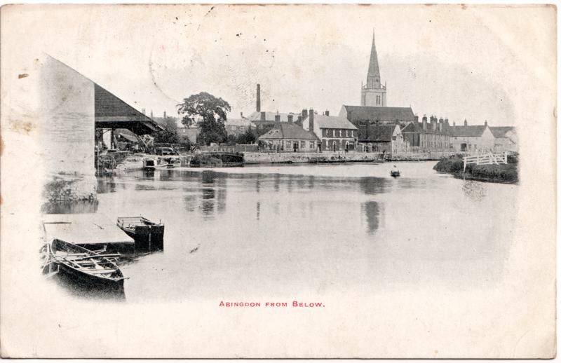 The front of an old postcard. The postcard is of Abingdon: River Thames