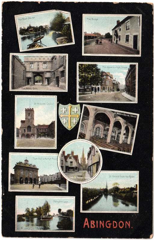 The front of an old postcard. The postcard is of Abingdon: Multiview