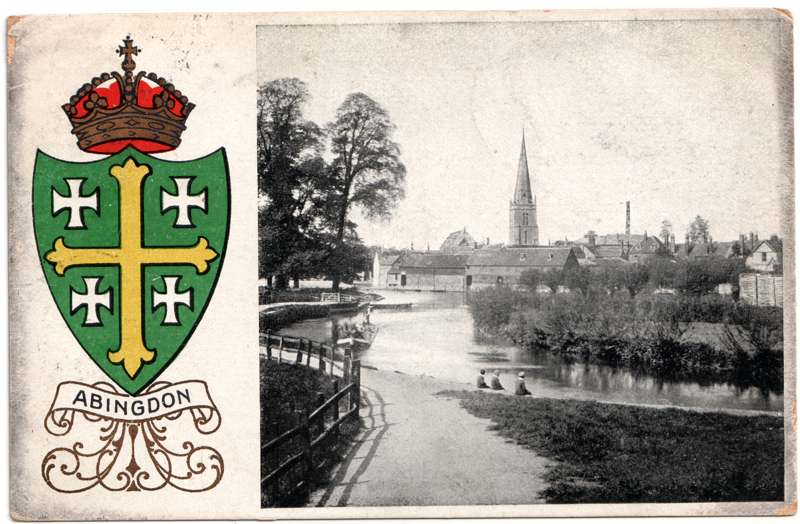 The front of an old postcard. The postcard is of Abingdon: St. Helen's from the Bridge