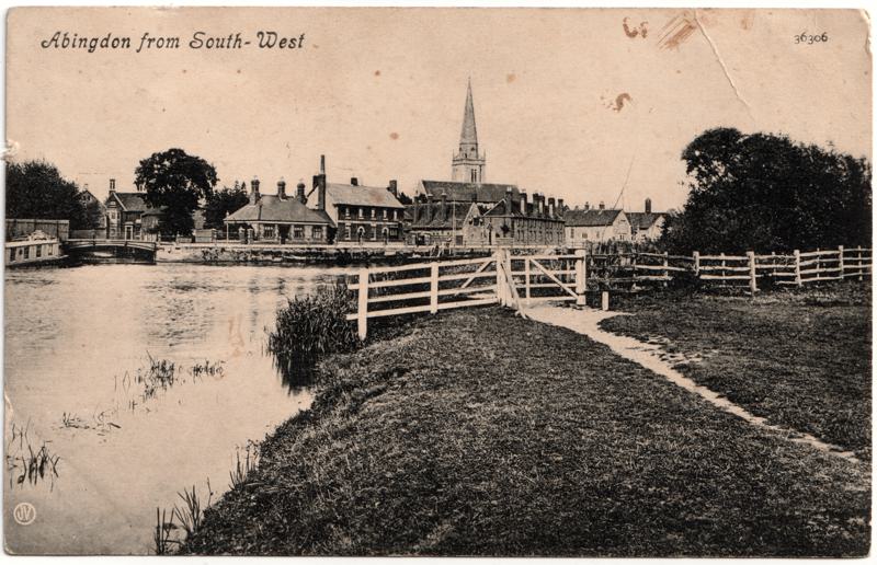 The front of an old postcard. The postcard is of Abingdon: River Thames