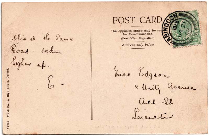 The reverse of an old postcard. The postcard is of Abingdon: Albert Park and Abingdon School