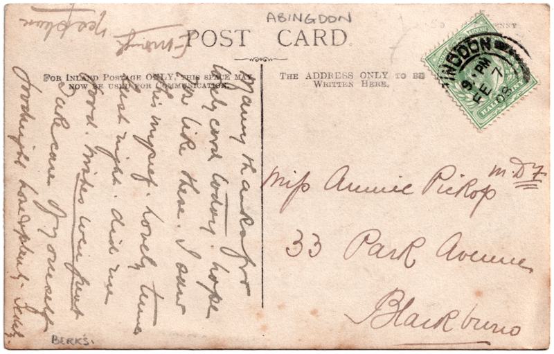 The reverse of an old postcard. The postcard is of Abingdon: Marketplace