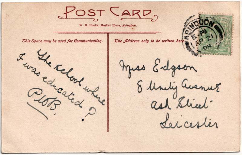 The reverse of an old postcard. The postcard is of Abingdon: Other Streets