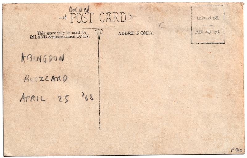 The reverse of an old postcard. The postcard is of Abingdon: Albert Park and Abingdon School