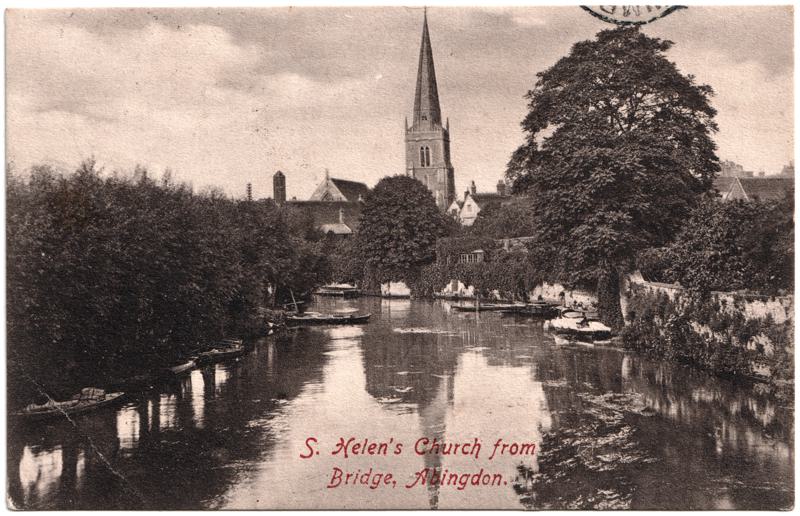 The front of an old postcard. The postcard is of Abingdon: River Thames