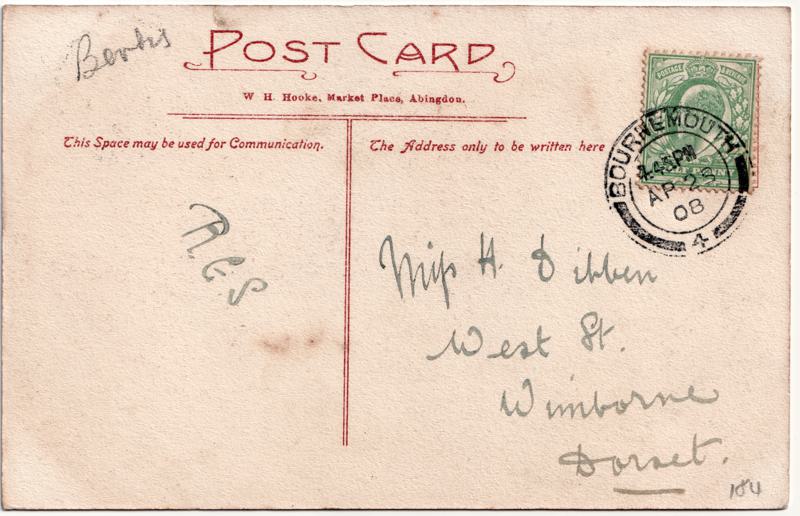 The reverse of an old postcard. The postcard is of Abingdon: River Thames