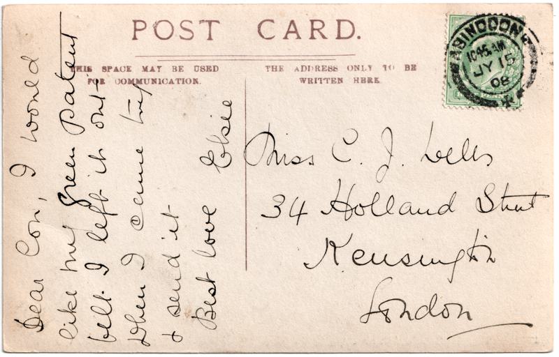 The reverse of an old postcard. The postcard is of Abingdon: Town Centre Streets