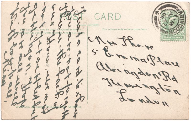 The reverse of an old postcard. The postcard is of Abingdon: Other local interest