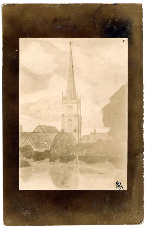 The front of an old postcard. The postcard is of Abingdon: St. Helen's Church and the Almshouses