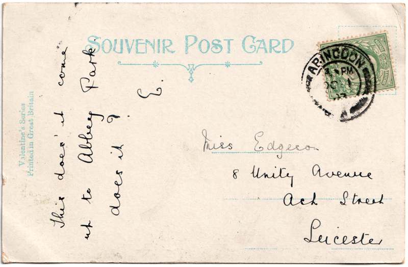 The reverse of an old postcard. The postcard is of Abingdon: Albert Park and Abingdon School