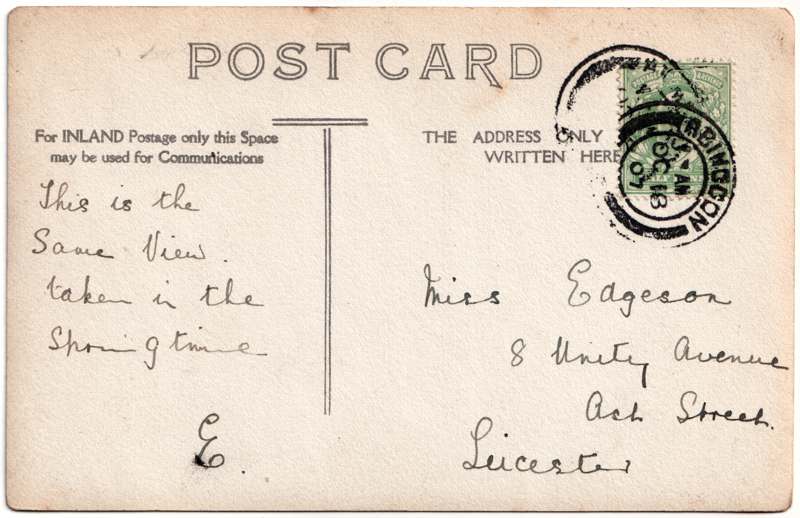 The reverse of an old postcard. The postcard is of Abingdon: St. Helen's Church and the Almshouses