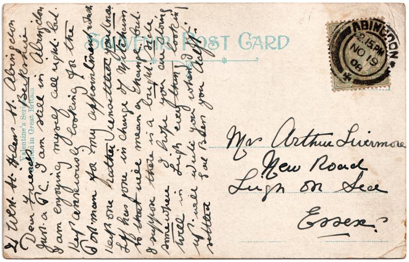 The reverse of an old postcard. The postcard is of Abingdon: Albert Park and Abingdon School