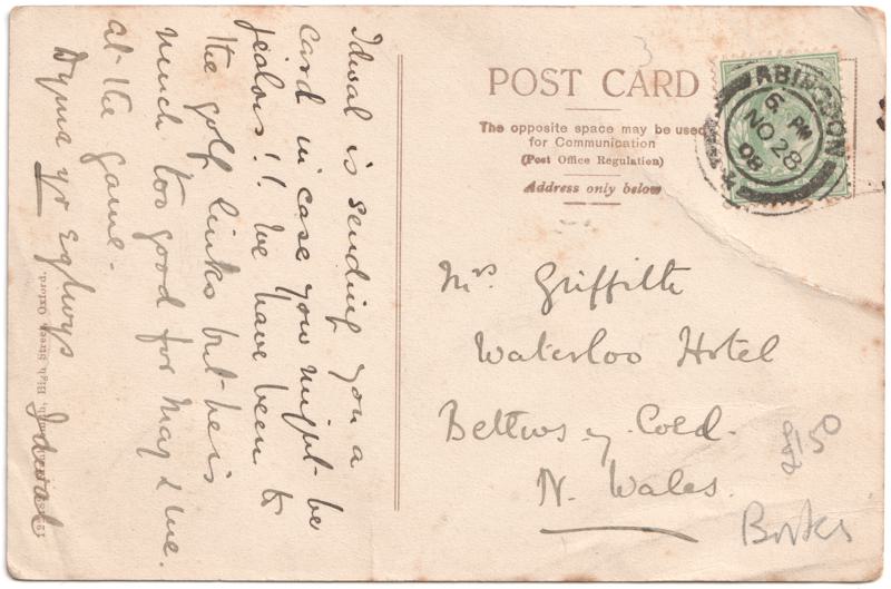 The reverse of an old postcard. The postcard is of Abingdon: St. Helen's Church and the Almshouses