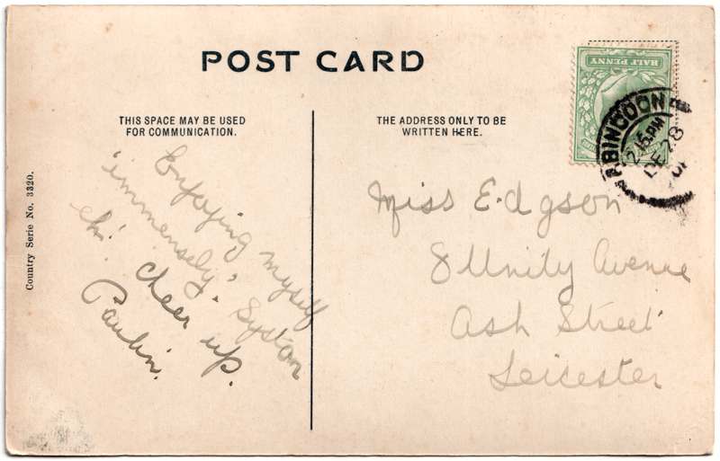 The reverse of an old postcard. The postcard is of Abingdon: St. Helen's Church and the Almshouses