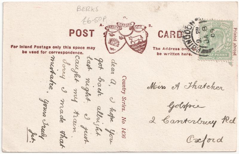 The reverse of an old postcard. The postcard is of Abingdon: Other Streets