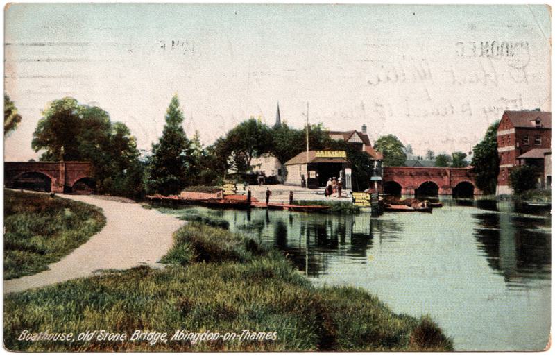The front of an old postcard. The postcard is of Abingdon: The Bridge