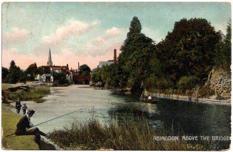The front of an old postcard. The postcard is of Abingdon: The Bridge