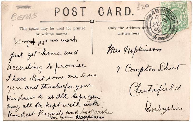 The reverse of an old postcard. The postcard is of Abingdon: Other Streets