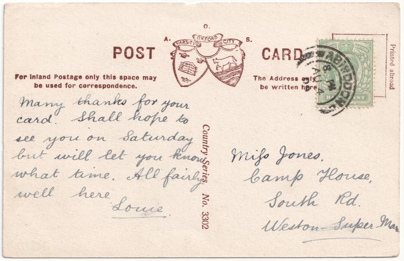 The reverse of an old postcard. The postcard is of Abingdon: Albert Park and Abingdon School